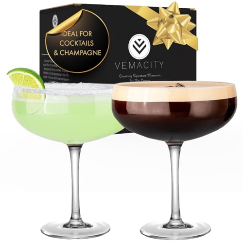 VEMACITY - Elegant Handblown Coupe Cocktail Glasses Set of 2 (10oz) - Crystal Espresso Martini Glasses, Champagne Saucers - Vintage Glassware | Wedding Gift | Ideal for Martinis and Margaritas