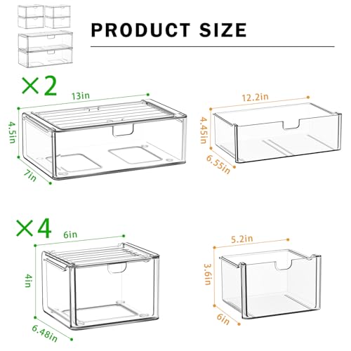 caktraie Acrylic Stackable Storage Drawers Set of 6, Clear Plastic Storage Drawer Organzier, Storage Organizer, Makeup Organizer,Ideal for Vanity, Bathroom,Cabinet,Pantry Organization