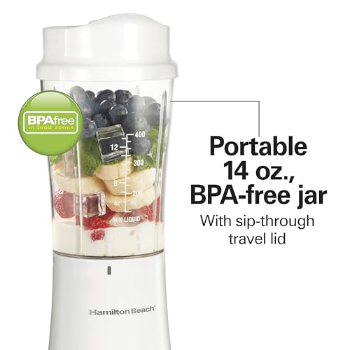 Hamilton Beach Portable Blender for Shakes and Smoothies, 14 Oz BPA Free Travel Cup & Lid, Durable Stainless Steel Blades, Personal Smoothie Blender, White ( 51101V)