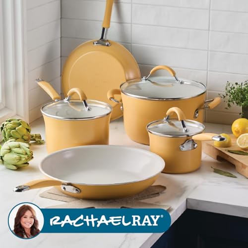 Rachael Ray Cucina Ceramic Nonstick Pots and Pans Set with Saucepans, Frying Pans, Stockpot, Lids, and Pan Protectors, 10 Piece Non Stick Cookware Set, Dishwasher Safe - Turmeric Yellow