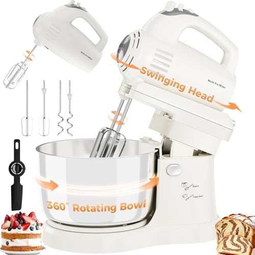 Vikaluz 3.2QT 2-in-1 Stand Mixer, Electric Kitchen Mixer with Auto-Rotating Bowl & Tilt-Head, 5-Speed 250W Turbo Baking Machine for Beginners with Beater & Dough Hook for Cookie, Bread, Cake (White)