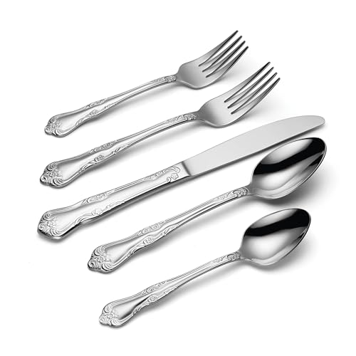 Oneida Silverware Set For 8, Azalea 45-Piece Everyday Flatware Set with Serving Utensils, Floral, Service For 8, 18/0 Stainless Steel, Dishwasher Safe, Knives Spoons And Forks Sets (Silver, 45 Pieces)