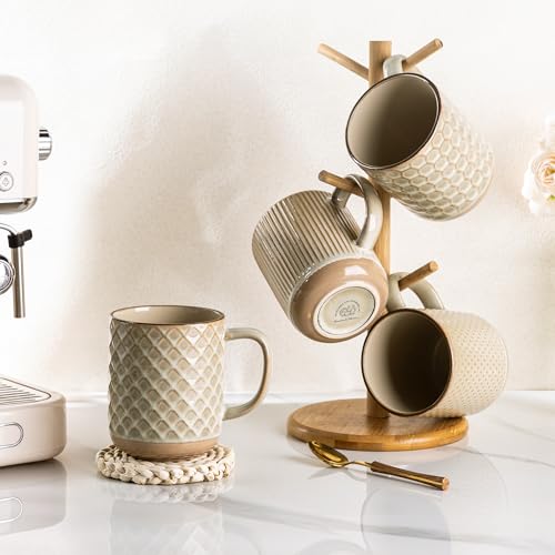 GBhome Large Coffee Mugs Set of 4, 16oz Handmade Stoneware Coffee Mugs Set with Large Handle for Cappuccino/Latte/Tea/Hot Cocoa, Dishwasher & Microwave Safe-Pale khaki