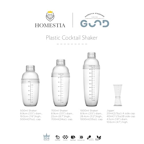 Homestia 3 Pack Plastic Cocktail Shaker Set - 24oz 700ml Drink Mixer with Built-in Strainer Extra Cap, Recipes Book, Leakproof Bartender Kit for Cocktails, Boba Tea, Milkshakes