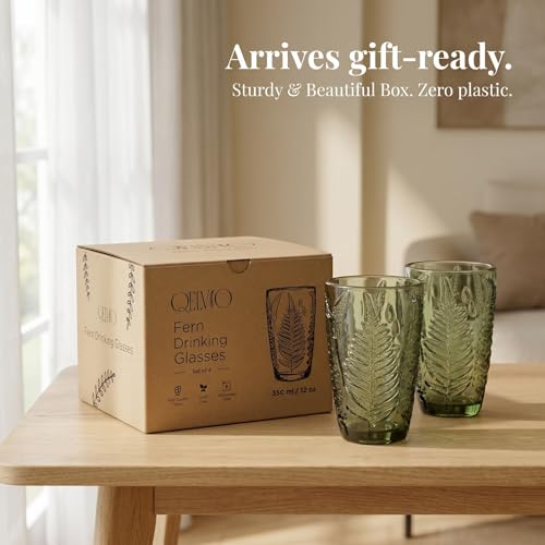 Green Drinking Glasses Set of 4, 12 oz Vintage Hand-Pressed Glass Cups, Fern Textured Highball Tumblers, Antique Style Boho Glassware for Water, Juice, Cocktails & Mocktails, Housewarming Gift Set