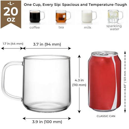 Aquach Glass Coffee Mugs, 20 oz Large Clear Drinking Glasses, Dishwasher & Microwave Safe, Everyday Use for Coffee Tea Juice, Home Office Kitchen Essentials, 2-Pack