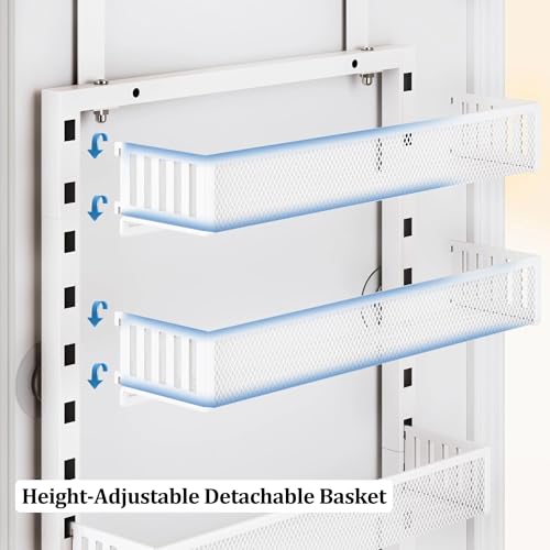 SEFILENCE Over the Door Pantry Organizer, 8-Tier Over the Door Spice Rack with Adjustable Baskets, Wall-Mounted or Hanging Shelves for Kitchen, Laundry Room, Bathroom(White, 16.65"W x 5.2"D x 72.6"H)