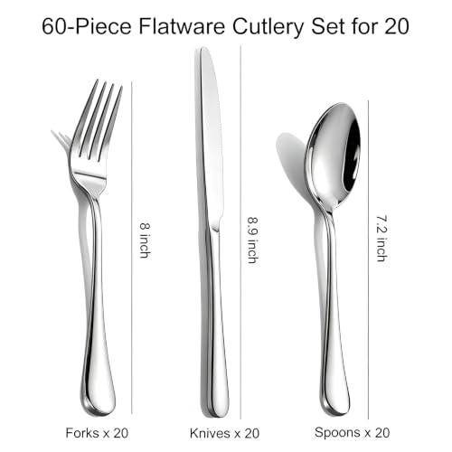 60-Piece Silverware Set for 20 - Stainless Steel Flatware Cutlery Set, Mirror Polished Flatware Set Include Forks Spoons Knives for Home Wedding Restaurant, Dishwasher Safe, Silver, 60 PCS
