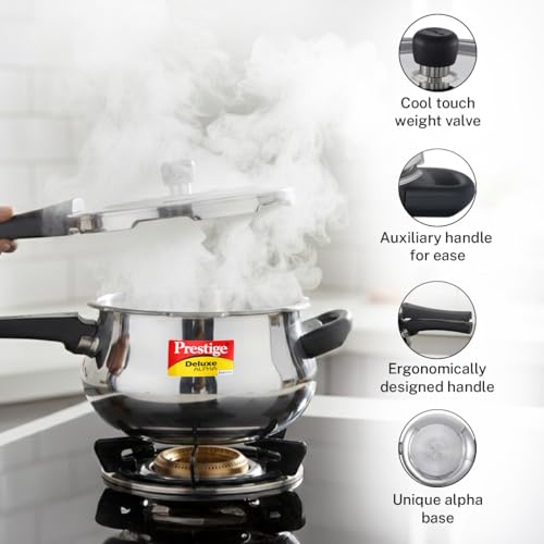 Prestige Deluxe Alpha Svachh Stainless Steel Pressure Cooker with Alpha Base and Deep Lid for Spillage Control, (4.0 L Junior Handi)