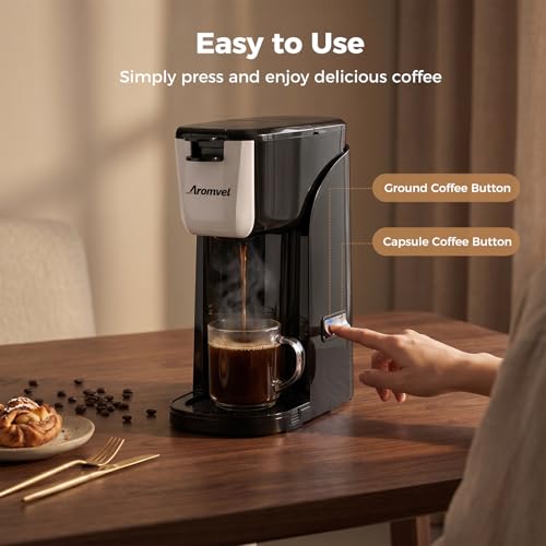 Aromvel 2-in-1 Single Serve Coffee Maker for K Cup Pods & Ground Coffee, 6 to 14 oz Brew Sizes, Compact Small Brewer with Dual Buttons, Adjustable Drip Tray for Travel Mugs, Silver