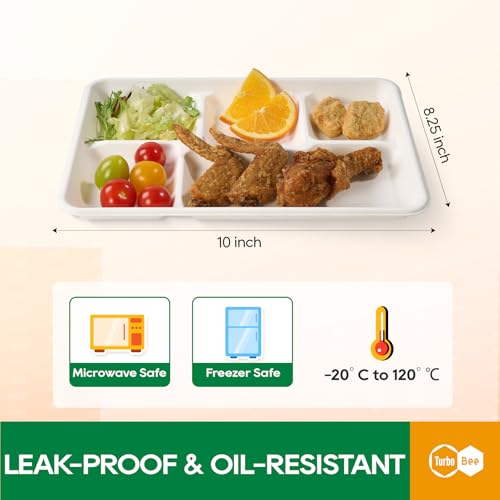 Turbo Bee Disposable 5 Compartment Plates, 100Pack Bagasse Divided Paper Trays, Heavy Duty Serving Plates for School Lunch, Meal Prep, Picnic and Buffet