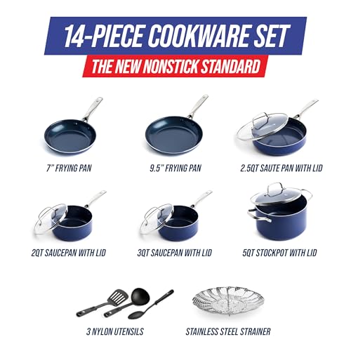 Blue Diamond 14 Piece Cookware Set, Diamond Infused PFAS & PFOA-Free Ceramic Nonstick Pots and Pans, Durable, Non Toxic, Metal Utensil Safe & Scratch Resistant, Dishwasher & Oven Safe, Blue
