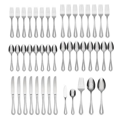 Oneida Silverware Set For 8, Countess 45-Piece Everyday Flatware Set with Serving Utensils, Service For 8, Bead Pearl, 18/0 Stainless Steel, Dishwasher Safe,Knives Spoons & Forks Set (Silver 45 Piece)