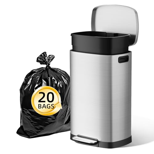 KUK 13 Gallon/50L Stainless Steel Kitchen Trash Can with Lid and Step Pedal-Large Capacity Garbage Bin with Odor Seal, Silent Close Lid, Removable Inner Bucket for Home, Kitchen, Bedroom, Office