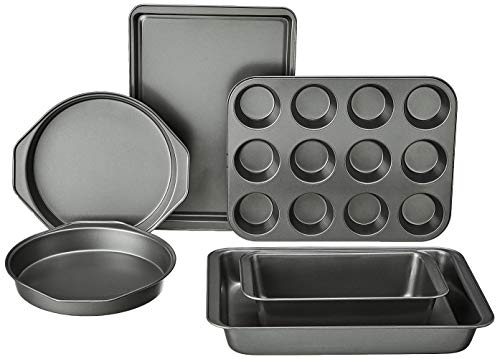 Amazon Basics 6 Piece Nonstick Carbon Steel Bakeware Set with Cake, Muffin, Cookie, and Loaf Pans, Easy Release, Oven