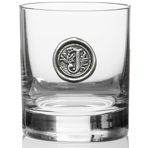 English Pewter Company 11oz Old Fashioned Whiskey Rocks Glass With Monogram Initial - Unique Gifts For Men - Personalized Gifts With Your Choice of Initial (J) MON110