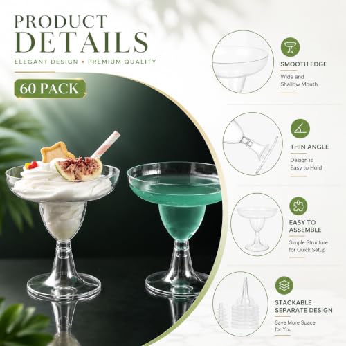 WOPPLXY 60 Pcs Plastic Margarita Glasses, 5 oz Clear Cocktail Glasses for Cinco de Mayo, Taco Party, and Mexican Decoration, Plastic Margarita Cups for Taco Bar Events Wedding Parties