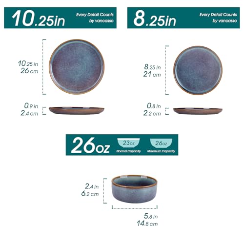 vancasso PLAYA Plates and Bowls Sets, 12 Pieces Grey-Blue Dinnerware Sets for Kitchen, Reactive Glaze Dishes Set for 4, Dishwasher and Microwave Safe
