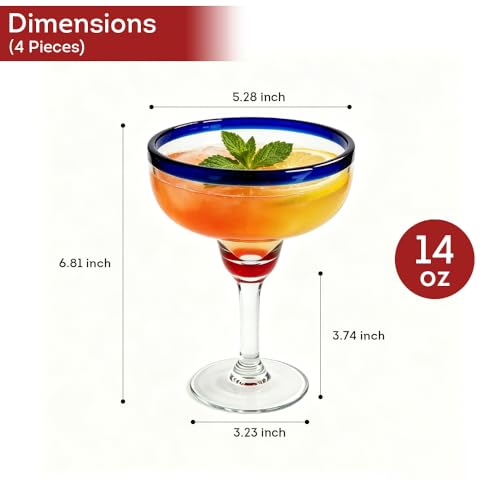 Lily's Home Unbreakable Margarita Glasses - 14 oz Shatterproof Plastic Set of 4 with Cobalt Blue Rims, Reusable Crystal Clear Stemware for Martini, Frozen Drinks, Pina Coladas & Cocktails