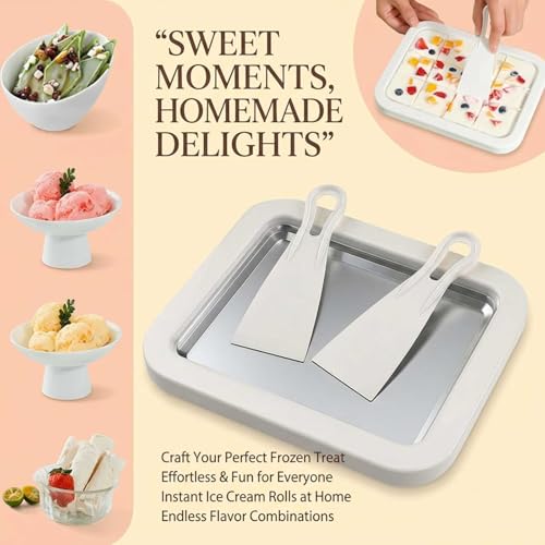 Rolled Ice Cream Maker Kit, DIY Ice Cream Roll Tray with 2 Scrapers, No Electricity Required, Stainless Steel Freezing Plate for Rolled Ice Cream, Frozen Yogurt, Sorbet (White)