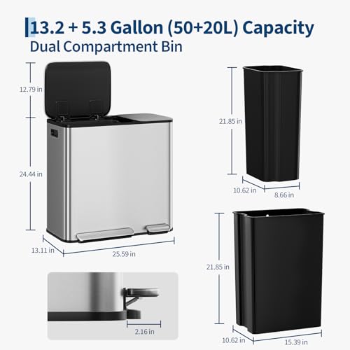 Dual Kitchen Trash Can 13.2 + 5.2 gal (50+20L) Stainless Steel Trash Cans with Soft Close Lid Large Double Garbage and Recycling Bin with 2 Removable Inner Buckets Step-on Metal Garbage Cans Silver