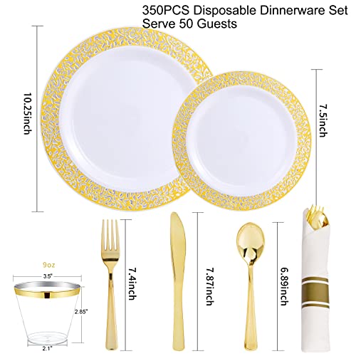 WELLIFE 50 Guests Dinnerware Sets, Gold Plastic Plates，Platos Para Fiestas Elegantes Desechables Include:50 Dinner Plates, 50 Dessert Plate, 150 Pcs Gold Plastic Silverware, 50 Cups for Party