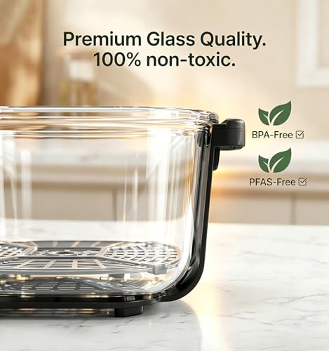 5-in-1 Glass Air Fryer for Zero-Oil Healthy Cooking, Space-Saving 1500W Countertop Cooker with 4QT 6-Cup Glass Bowl, Non-ToxicSafe & Dishwasher Friendly for Small & Large Family Meals