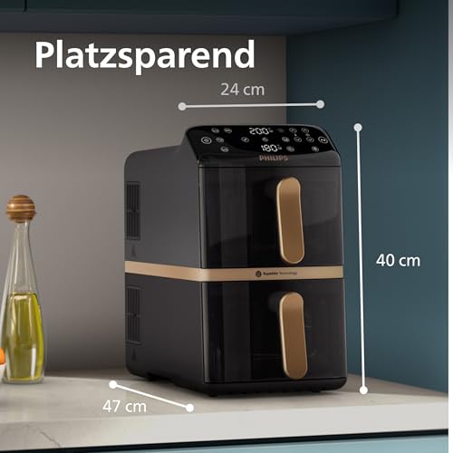 Philips Airfryer 4000 Series Stacked Dual Basket, Stacked Air Fryer with 2 Baskets, 10L, RapidAir Technology, 45% Less Space Required, PFAS Free Ceramic Coating, Viewing Window (NA462/70)