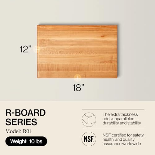 John Boos R-Board Series Rectangular Wooden Maple Cutting Board 18”x12” – 1.5” Thick, 10-lb Reversible Butcher Block with Edge-Grain & Finger Grips – Made in the USA