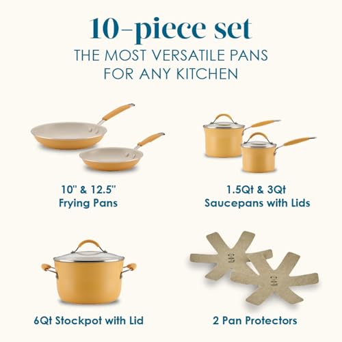 Rachael Ray Cucina Ceramic Nonstick Pots and Pans Set with Saucepans, Frying Pans, Stockpot, Lids, and Pan Protectors, 10 Piece Non Stick Cookware Set, Dishwasher Safe - Turmeric Yellow
