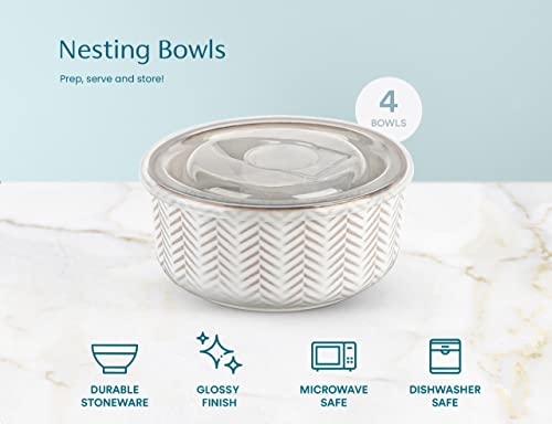 KooK Serving Bowls, with Lids, Ceramic Nesting Bowls, Set of 4, Embossed, Kitchen, Prep, Stackable, Gift, Microwave and Dishwasher Safe, 10/16/29/47 oz, Narbonne Collection (Ivory)