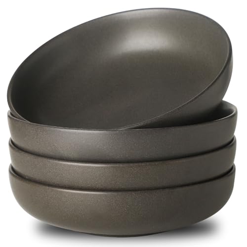 Tikooere Stoneware Pasta Bowls, 34 oz Large Salad Bowl Set of 4, Ceramic Serving Bowls for Ramen, Pasta, Fruit, Cereal, Dinner, Wide and Shallow Bowls, Microwave & Dishwasher Safe, Matte Black