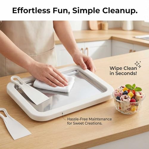 Rolled Ice Cream Maker Kit, DIY Ice Cream Roll Tray with 2 Scrapers, No Electricity Required, Stainless Steel Freezing Plate for Rolled Ice Cream, Frozen Yogurt, Sorbet (White)