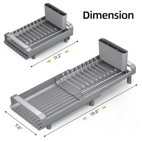 TOOLF Small Dish Drying Rack, Mini Expandable Compact Dish Rack, Slim Extendable Stainless Steel Dish Drainer for Kitchen Plate Storage, Space Saving Dish Strainer in Sink or on Home Countertop, Gray