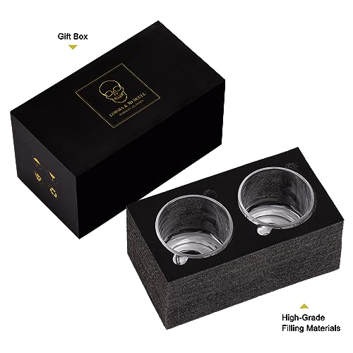 Hand Blown Crystal Skull Whiskey Glasses, Set of 2 Bourbon Glasses In Gift Box - 10 Oz Old Fashioned Glasses for Scotch, Cocktail, Rum - Perfect Gifts for Halloween, Christmas, Thanksgiving for Men