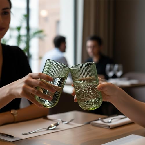WeirdUncle Set of 8 Ribbed Glassware,4 Highball Glasses 14oz & 4 Rocks Drinking Glasses 9oz, Green, Origami Style, Fluted Design, for Milk, Water, Cocktail, Juice, Beer, ToothBrush Cup, Gift