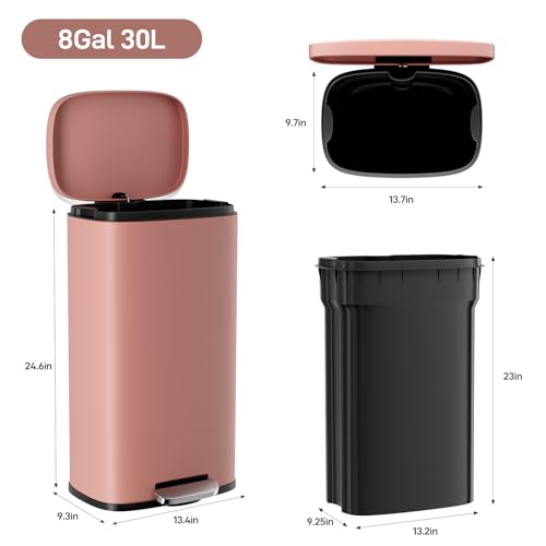 Arlopu 8/13.2 Gallon Step Trash Can, Stainless Steel Garbage Bin, Soft-Close Rubbish Bin with Removable Plastic Inner Bucket, Fingerprint-Proof, Lid Dustbin, Suit for Kitchen Home (Pink, 30L)