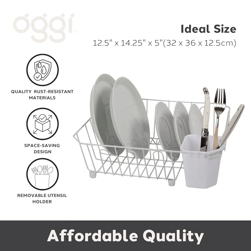 Oggi Compact Dish Drying Rack - White Metal Dish Drainer Rack, Drying Rack Kitchen, Dish Rack, Dish Racks for Kitchen Counter, Durable Coated Metal Kitchen Drying Rack with Cutlery Holder