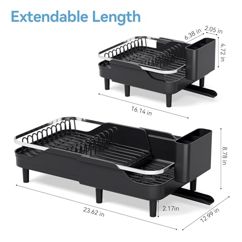 Urackify Dish Drying Rack for Kitchen Counter, Expandable Stainless Steel Dish Racks with Adjustable Water Spout, Space Saving Dish Drainer with Cutlery Holder,16.14"-23.62" L x 12.99" x 8.78",Black