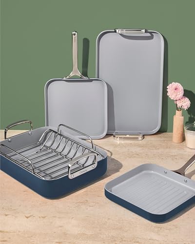 Caraway Square Cookware Set - Square Pans Set - Perfect for Griddling, Toasting, Searing, Roasting, and More - Non-Stick Ceramic Coated Pans - Non Toxic, PTFE & PFOA Free - Sage