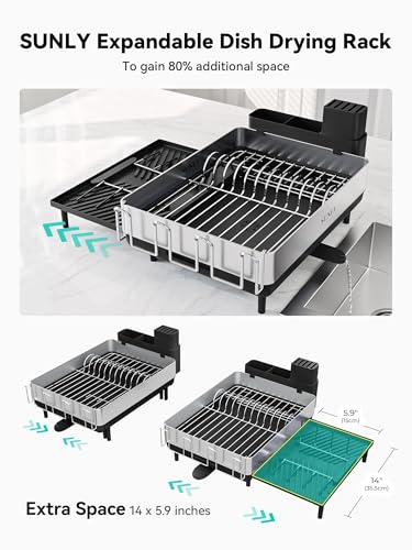 SUNLY Large Dish Drying Rack, Expandable Dish Racks for Kitchen Counter, Space Saving 304 Stainless Steel Drying Rack Kitchen, Extra Large Drainer with Multifunctional Flip Up Pegs, Black