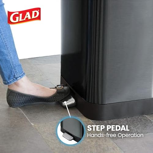 Glad 20 Gallon Stainless Steel Trash Can with Clorox Odor Protection | Large Metal Kitchen Garbage Bin with Soft Close Lid, Garbage Bag Rings, Step On Foot Pedal and Waste Bag Roll Holder, Pewter
