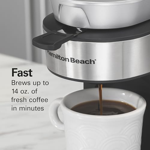 Hamilton Beach The Scoop Single Serve Coffee Maker & Fast Grounds Brewer for 8-14oz. Cups, Brews in Minutes, 40oz. Removable Reservoir, Stainless Steel (49987),Silver