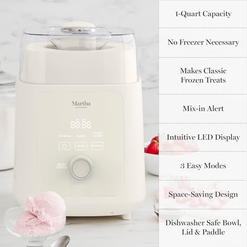 Martha Stewart 1 Quart Ice Cream Maker, Built-In Compressor, No Pre-Freezing Required, 3 Modes (Ice Cream, Sorbet, Frozen Yogurt), Automatic Mix-In Alert, Dishwasher-Safe Parts, Linen Cream