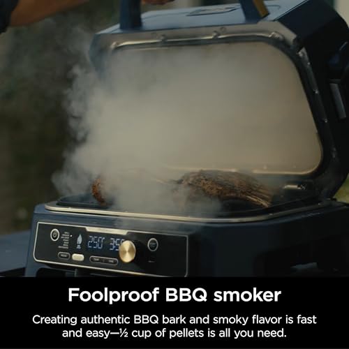 Ninja Woodfire Pro Connect XL Outdoor Grill & Smoker | Bluetooth, App Enabled | 7-in-1 Grill, BBQ Smoker, Outdoor Air Fryer | Woodfire Technology | Built-In Thermometer | Blue & Gold| OG951BL1