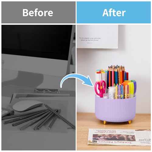 Marbrasse Desk Organizer, 360-Degree Rotating Pen Holder, Desk Organizers and Accessories with 5 Compartments Pencil Holder, Art Supply Storage Box Caddy for Office, Home（Purple）