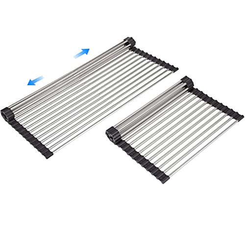 ARAINY Large Telescopic Drain Rack Roll Up Rack Heat-Resistant Dish Drainer Kitchen Sink Rack Over the Sink Dish Drying Rack Stainless Steel Dish Rack (18 Tube 21.25''x12.79'')