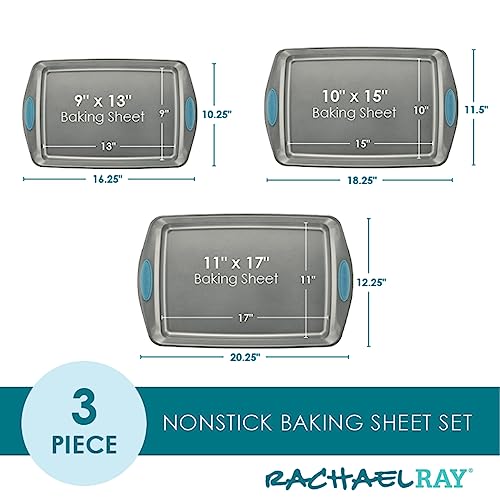 Rachael Ray Nonstick Baking Pans Set, 3-Piece Cookie Pan Bakeware, Gray with Agave Blue Silicone Grips