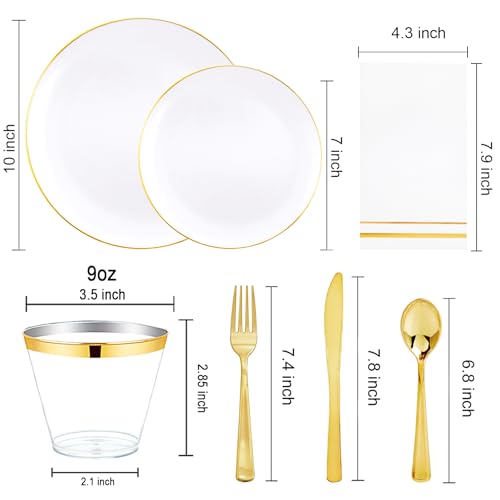 Festiva 350Pcs Gold Plastic Plates - White and Gold Dinnerware Set Disposable include 10" & 7" Plates,Cups,Silverware,Napkins -serve 50 Guests Perfect for Wedding& Easter&Birthday Party