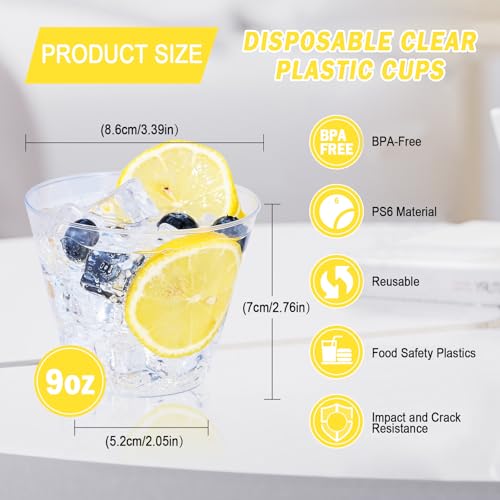 BYSNOW 300 Pack 9 oz Clear Disposable Plastic Cups, Clear Plastic Cups Tumblers Cocktail Glasses, Disposable For Holiday, Wedding, Party